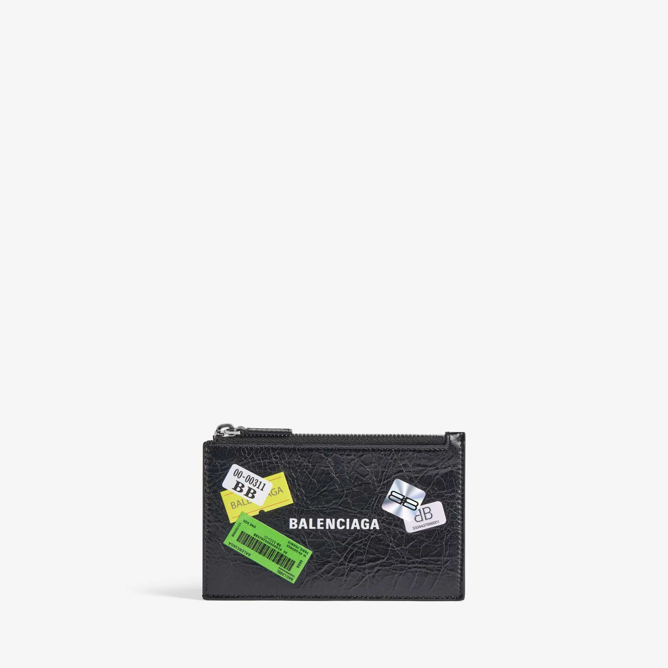 Réplica de alta calidad de los artículos de piel pequeños para hombre de Balenciaga, modelo original CashSA, en piel de cordero negra con vetas finas, monedero grande y cartera para tarjetas