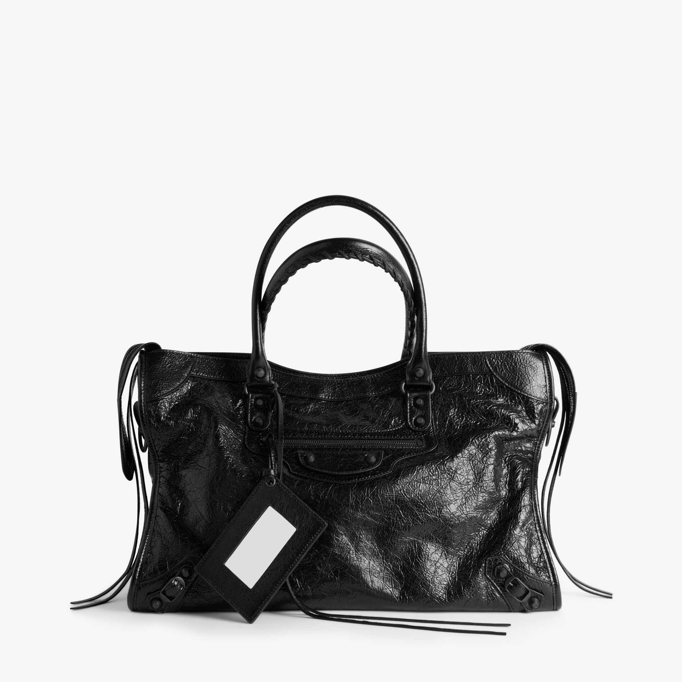 نسخة طبق الأصل من حقيبة «Le City» النسائية من باليسيا (Balenciaga) من الفئة SA، نسخة مقلدة عالية الجودة من «Le City»، حقيبة كبيرة الحجم من جلد الغنم الأسود المخطط