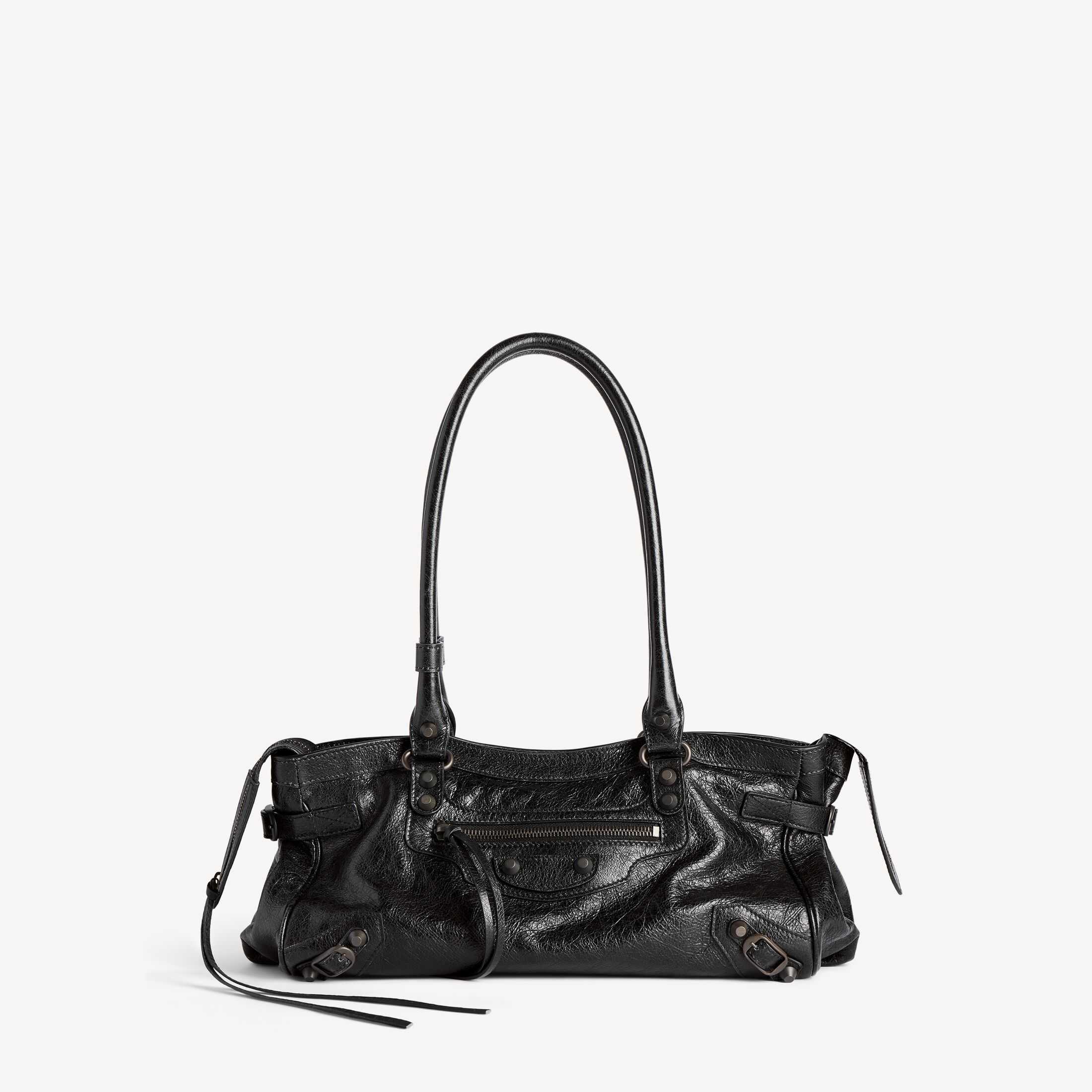 Реплика женской сумки Balenciaga класса SA, оригинальная модель Le City — высококачественная копия сумки Le City из черной кожи с мелким узором, горизонтальная модель