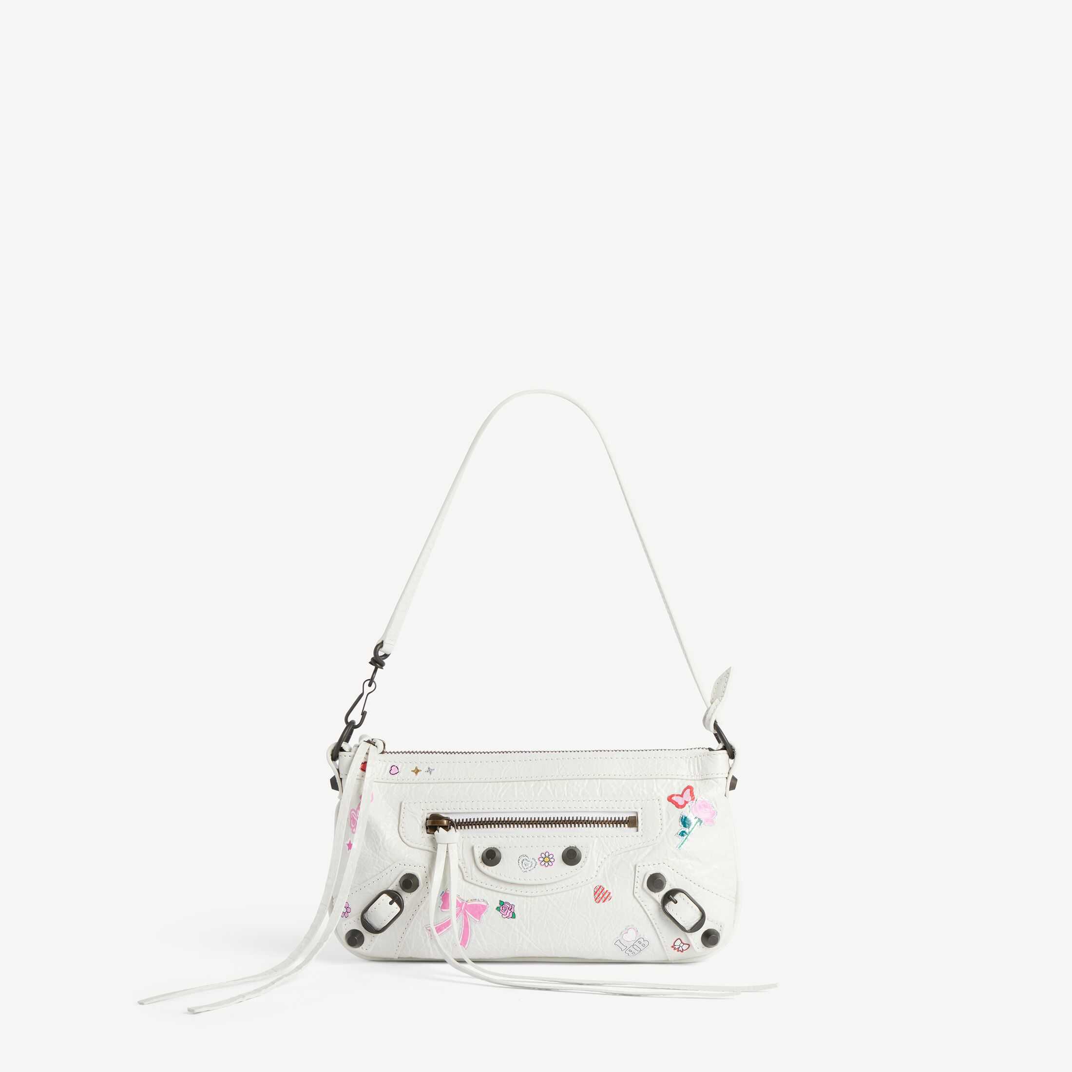 Réplica del bolso de mujer de Balenciaga de la línea SA, modelo «Le City», imitación de alta calidad de «Le City», en blanco y multicolor, con pegatinas monas y estampado artístico, de piel de cordero con rayas finas y correa para llevar al hombro
