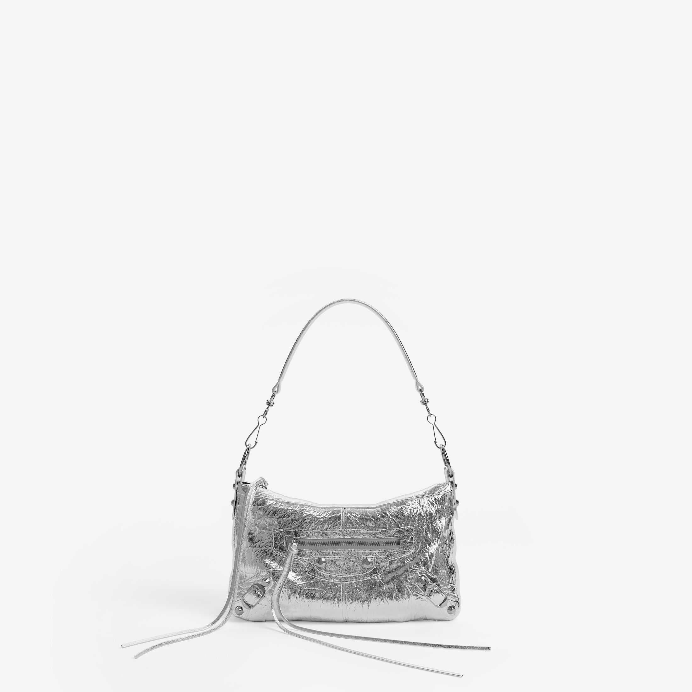 Réplica del bolso de mujer de Balenciaga de la línea SA, modelo original «Le City», réplica de alta calidad: bolso mini «Le City Moto» en piel de cordero con textura metalizada plateada y vetas finas