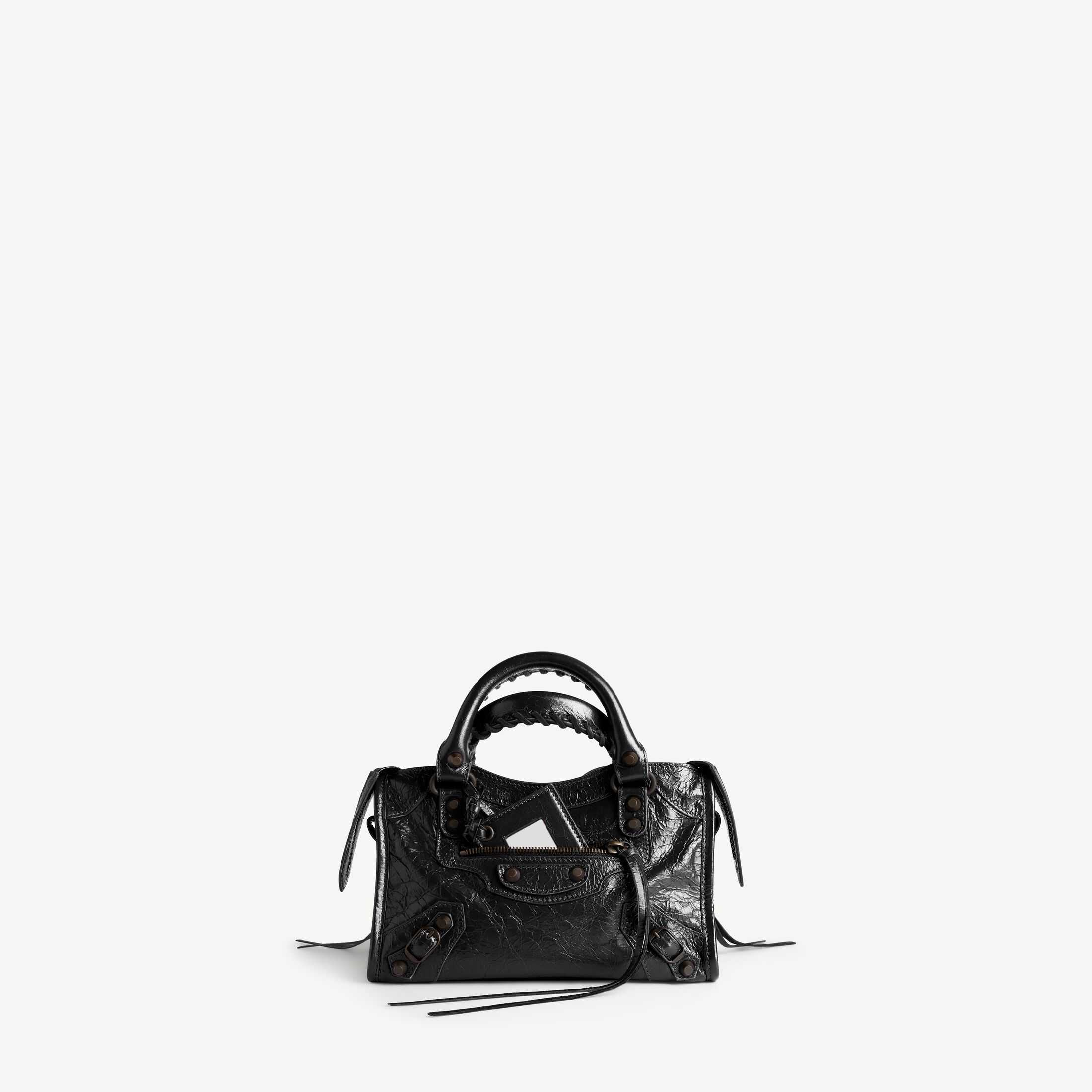 نسخة طبق الأصل من حقيبة «Le City» النسائية من باليسيا (Balenciaga) من الفئة SA، نسخة مقلدة عالية الجودة من «Le City»، حقيبة صغيرة من جلد الغنم الأسود المخطط