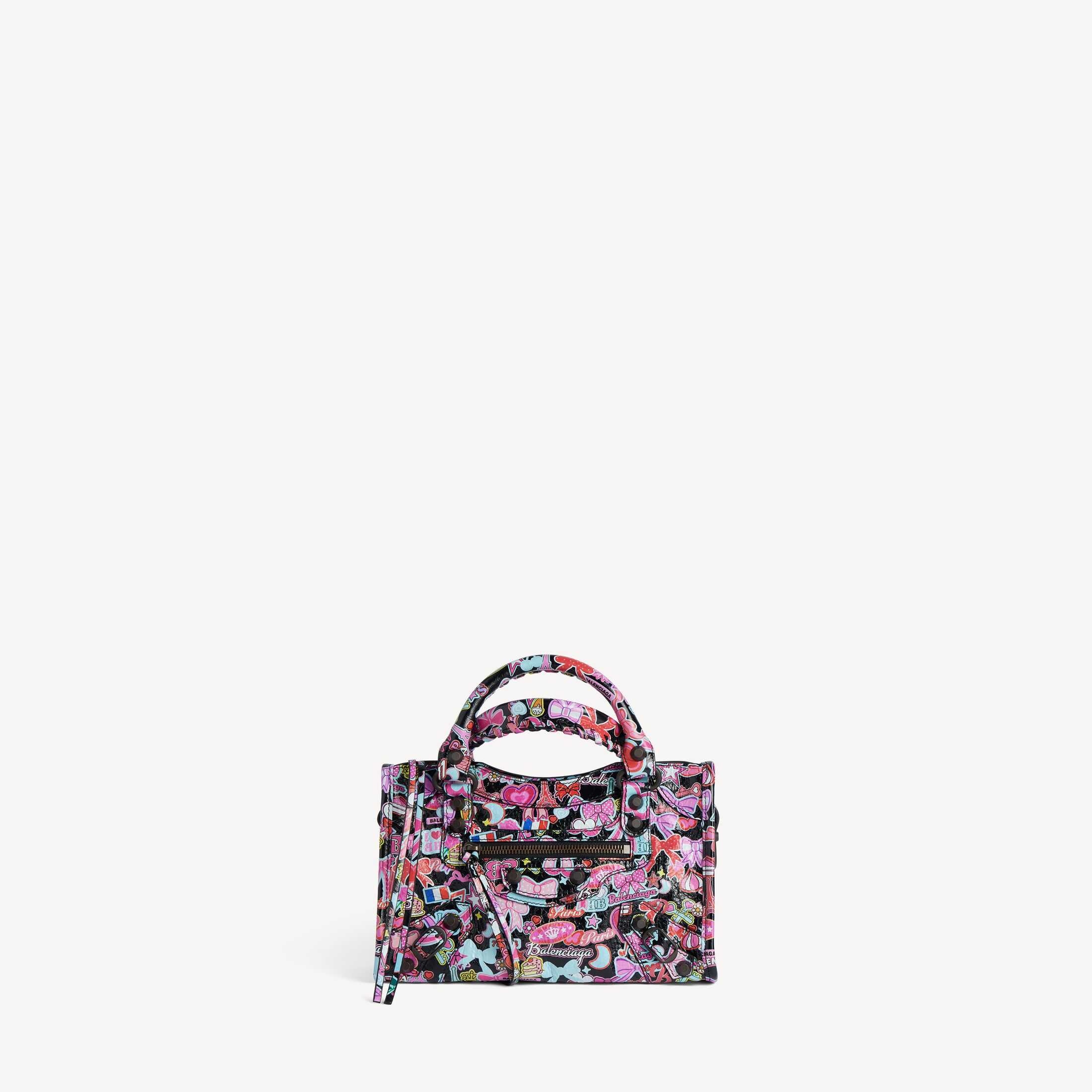 Réplica del bolso de mujer de Balenciaga de la línea SA, modelo «Le City»: réplica de alta calidad del «Le City» en negro y multicolor, con un bonito estampado integral de rayas finas en piel de cordero, bolso mini.
