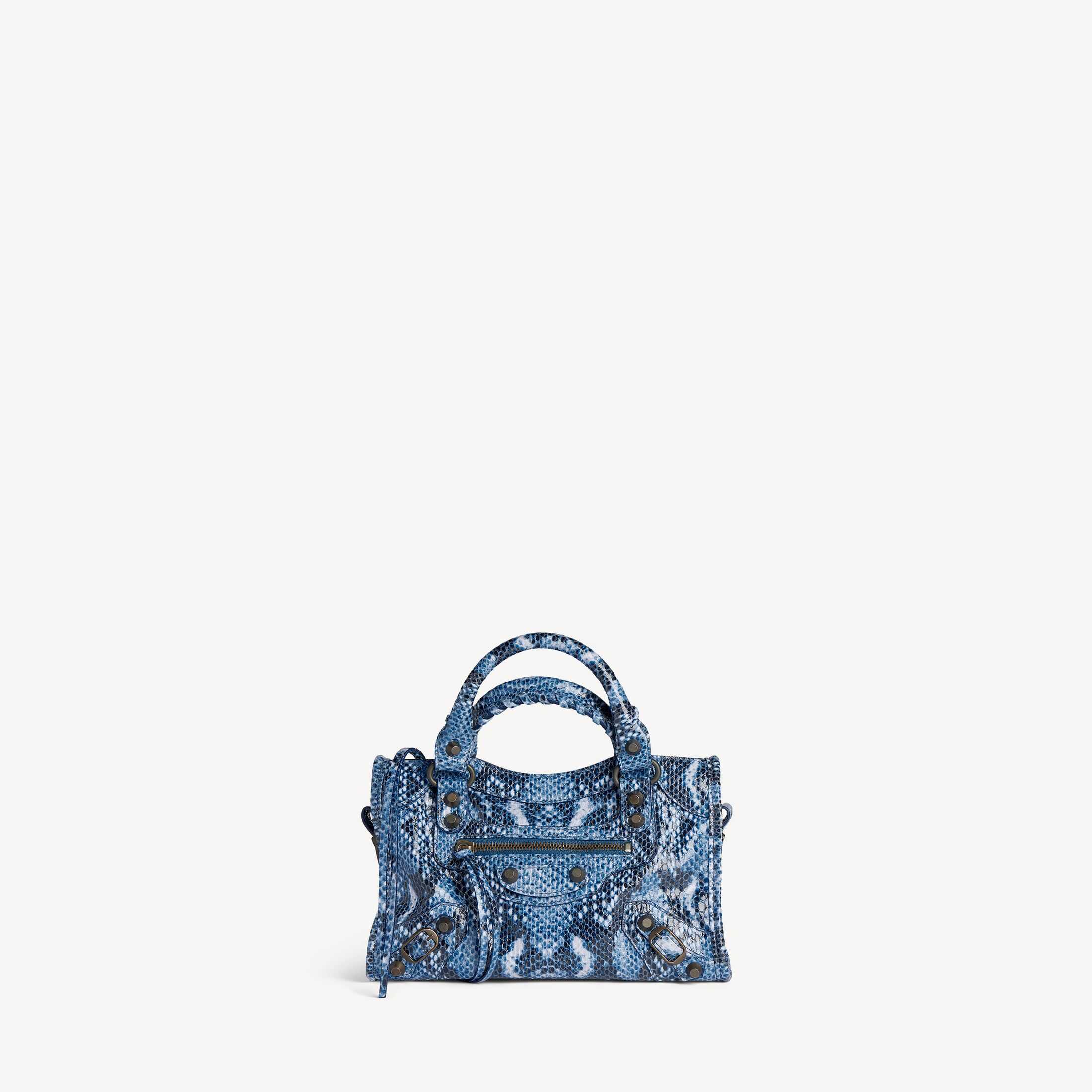Réplica del bolso de mujer de Balenciaga de la línea SA, modelo Le City: bolso mini de piel de vacuno con relieve de piel de pitón azul, réplica de alta calidad del modelo original Le City