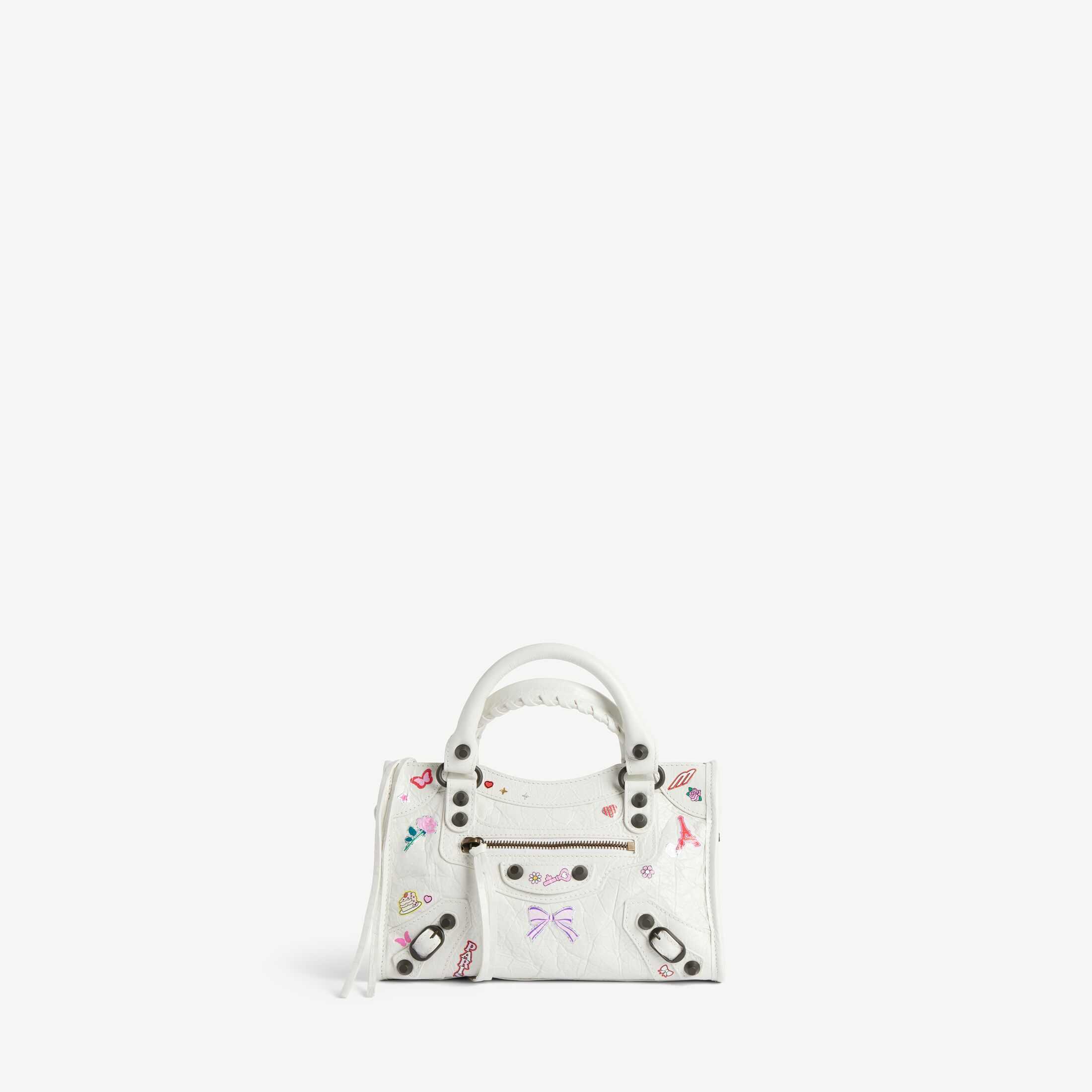 Réplique du sac à main pour femme Balenciaga de catégorie SA, modèle original « Le City » : superbe imitation du « Le City » en blanc et multicolore, avec des autocollants mignons et un imprimé artistique sur du cuir d'agneau à fines rayures, en version mini