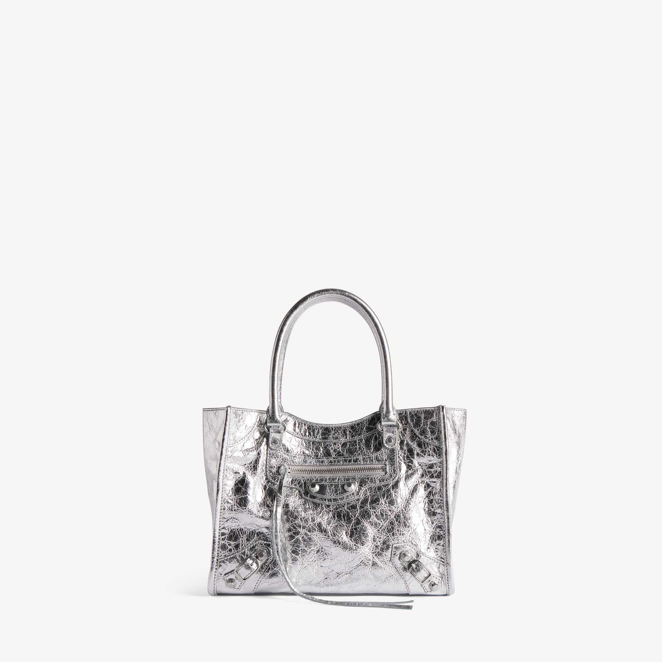 Réplica del bolso de mujer de Balenciaga de la línea SA, modelo original «Le City»; réplica de alta calidad del bolso mini tote «Le City» en piel de cordero con textura metalizada plateada y vetas finas
