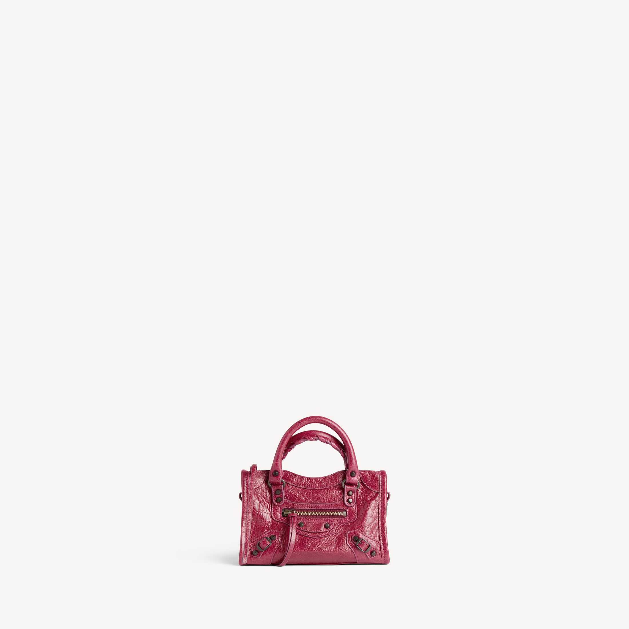 Réplica del bolso de mujer de Balenciaga de la línea SA, modelo Le City; réplica de alta calidad del Le City Nano, en piel de cordero con vetas finas de color frambuesa