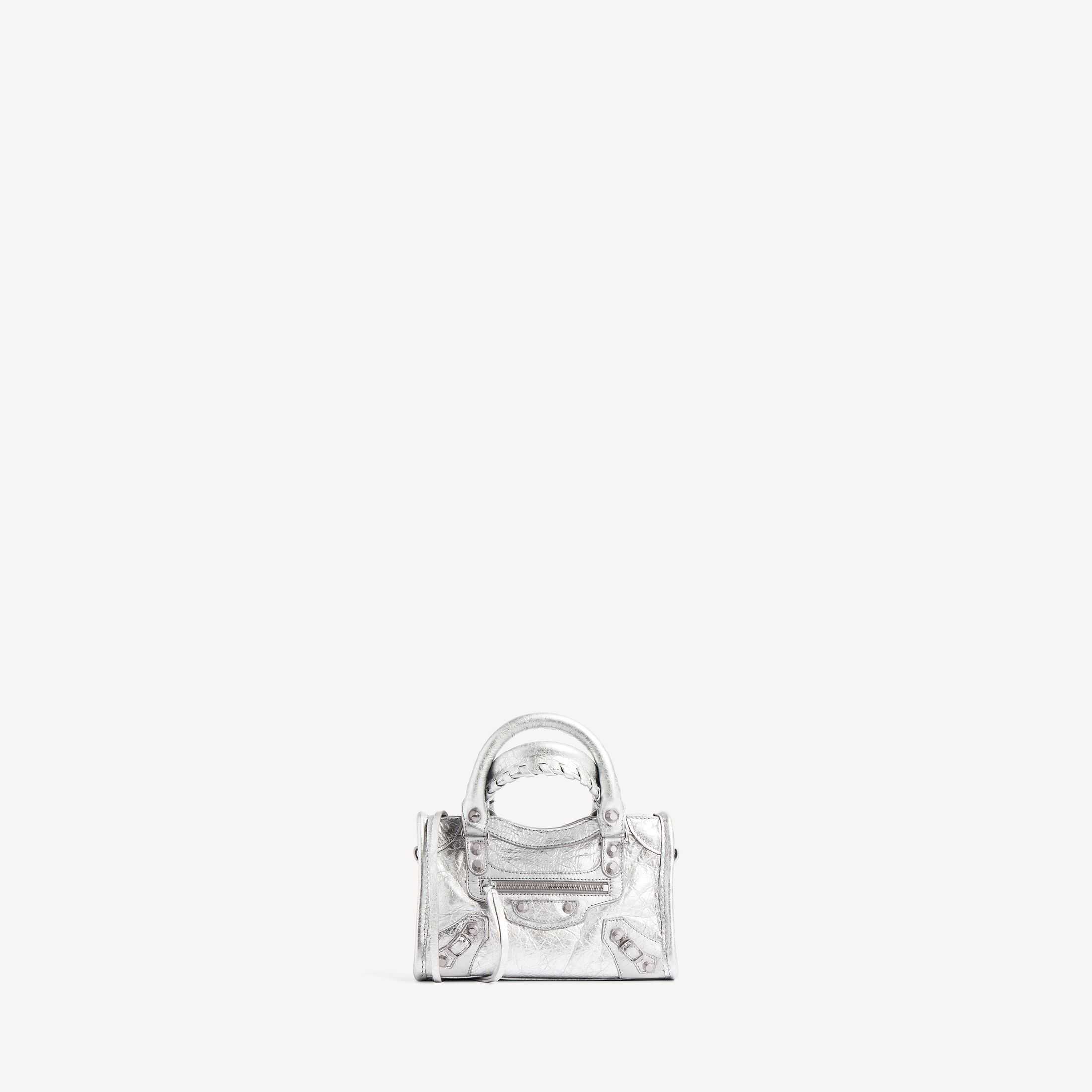 발망(Balenciaga) SA급 여성 핸드백 정품 복제품 Le City, 고품질 레플리카 Le City Nano 실버 메탈릭 질감의 미세 무늬 양가죽 핸드백