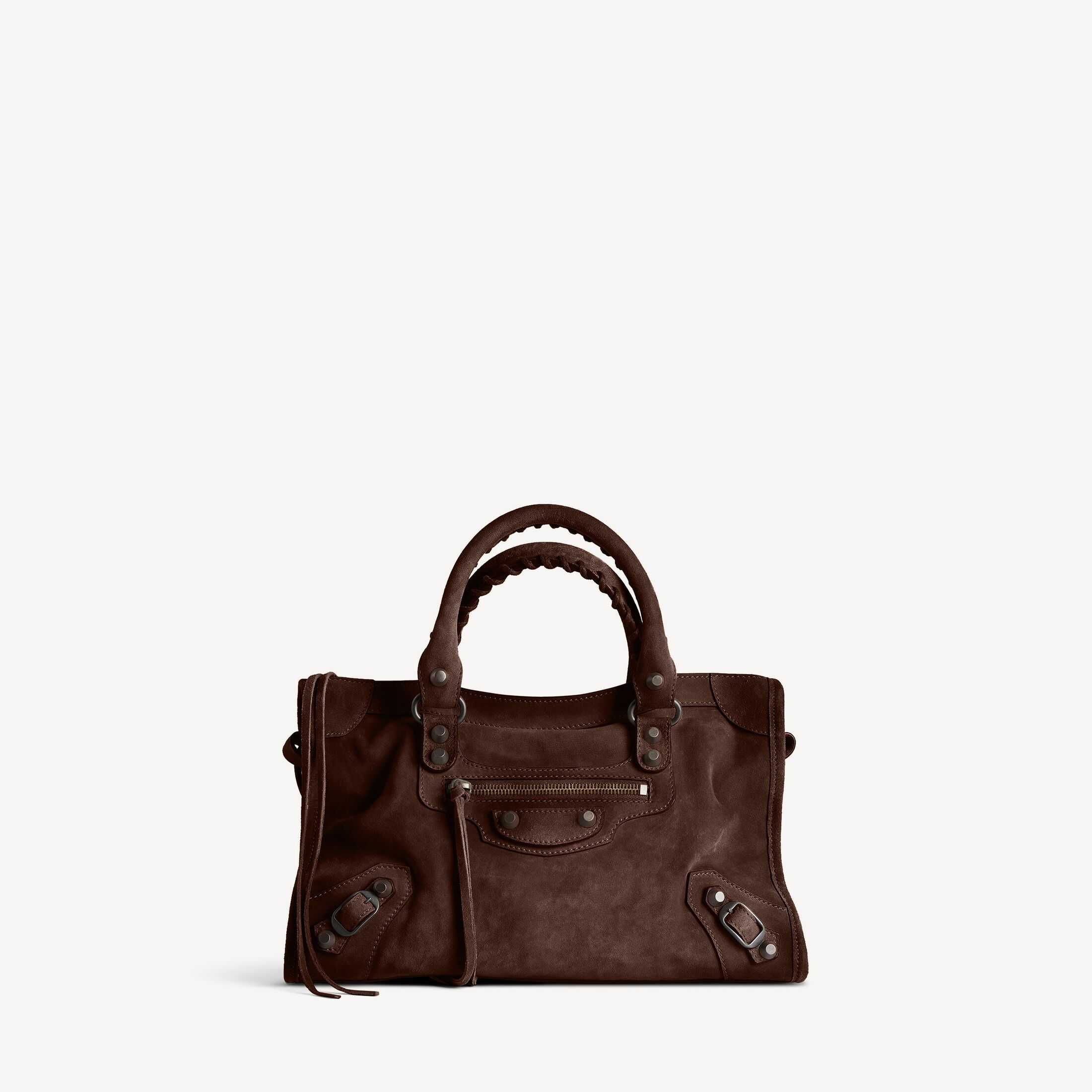 발망(Balenciaga) SA급 여성 핸드백 정품 복제품, Le City 고품질 레플리카, Le City 연한 에스프레소 색상 왁스 처리 스웨이드 소가죽 소형 핸드백