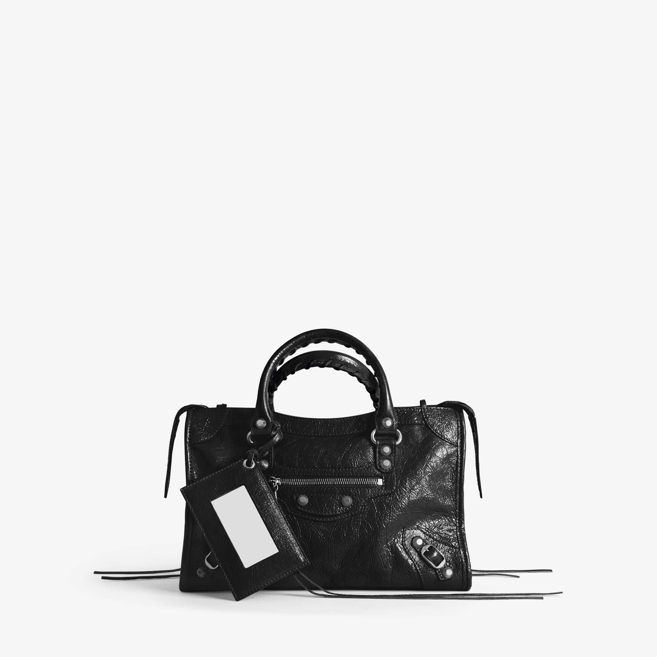 Réplica del bolso de mujer de Balenciaga de la línea SA, modelo Le City; réplica de alta calidad del bolso pequeño Le City en piel de cordero negra con vetas finas