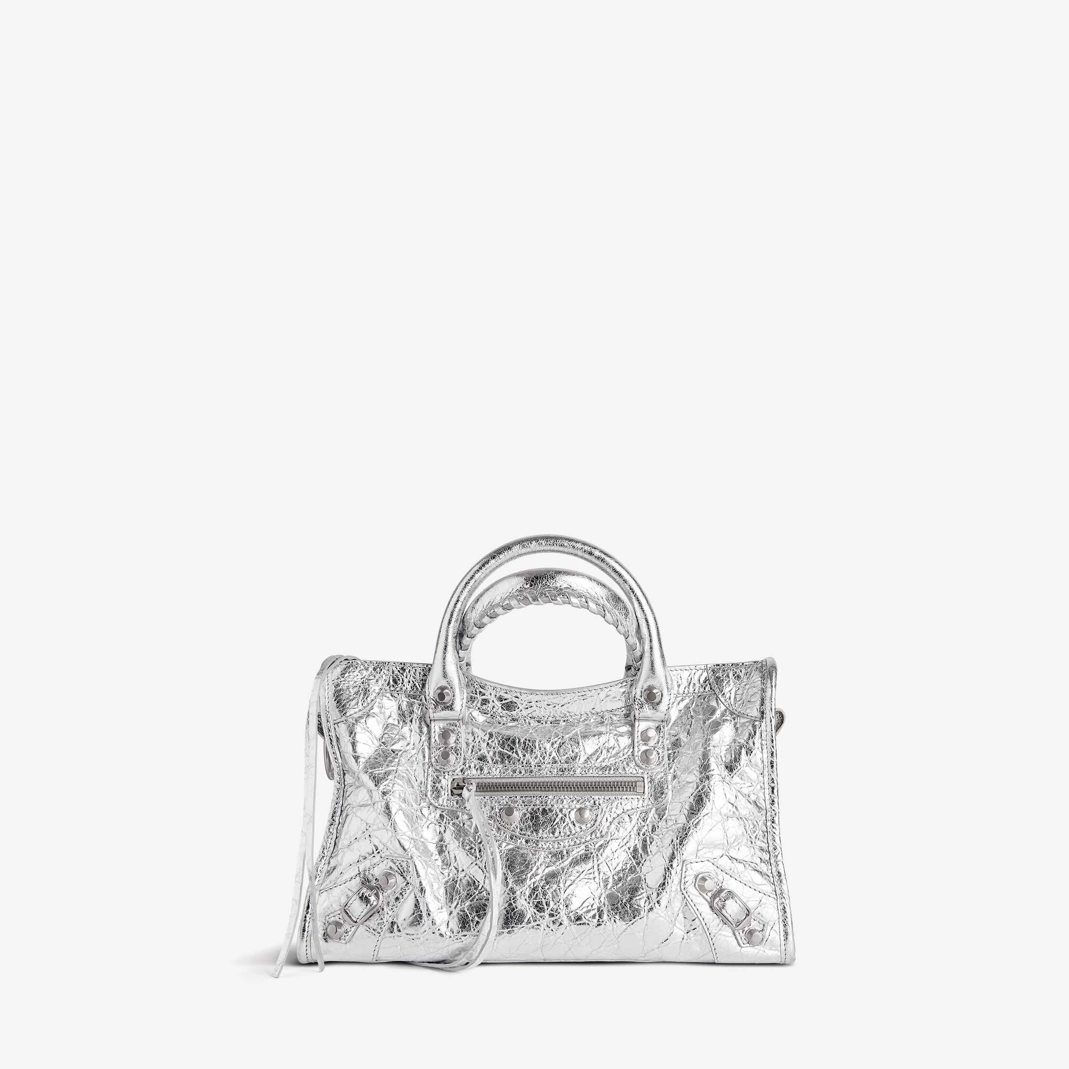 Replica Balenciaga SA-Grade Women's Handbag: Authentic Le City Design, High-Quality Replica Le City Small Handbag in Gray Metallic-Finish Fine-Grained Lambskin Leather