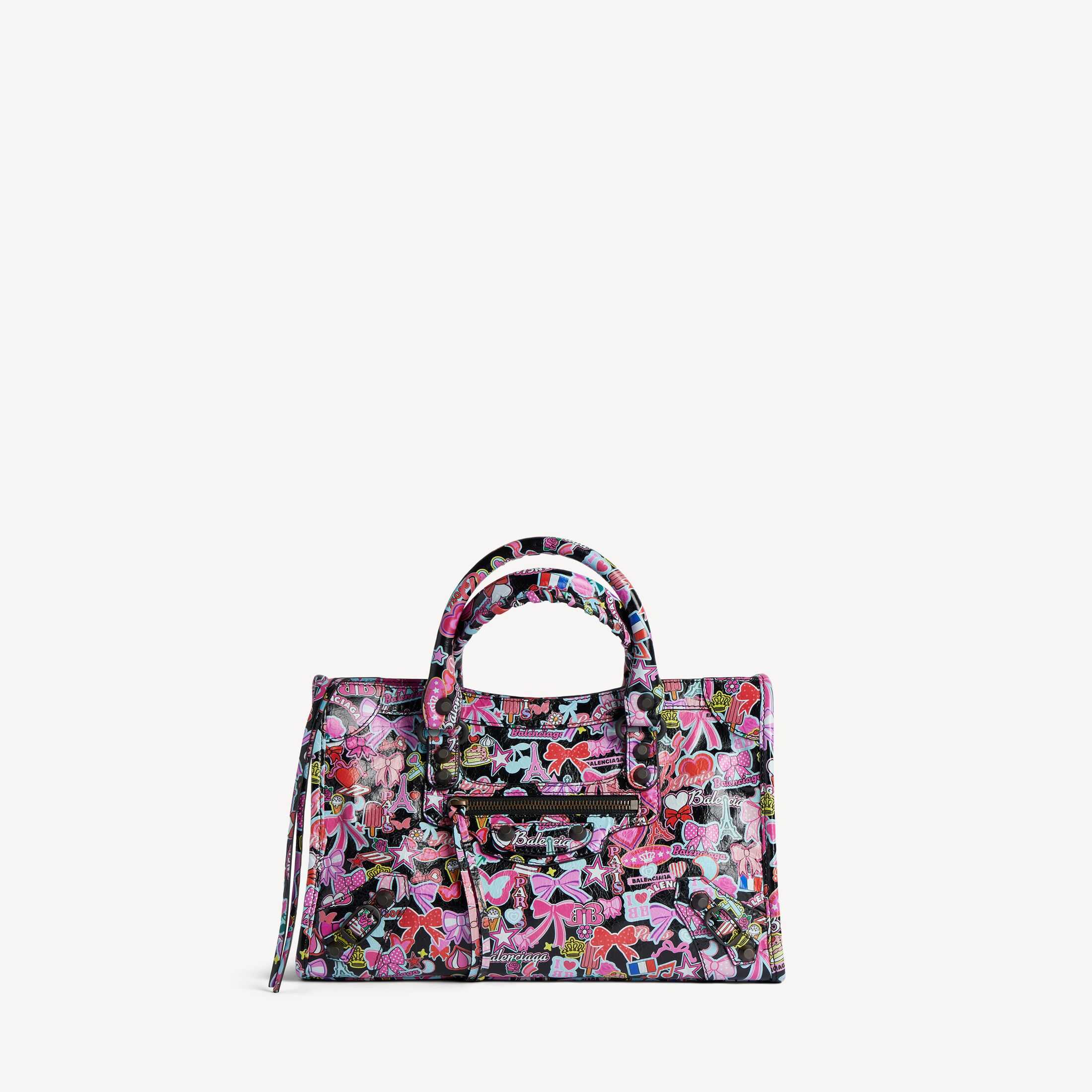 Réplique du sac à main pour femme Balenciaga de catégorie SA, modèle « Le City » : réplique haut de gamme du « Le City » en cuir d'agneau noir et multicolore, avec un joli imprimé all-over à fines rayures, petit format