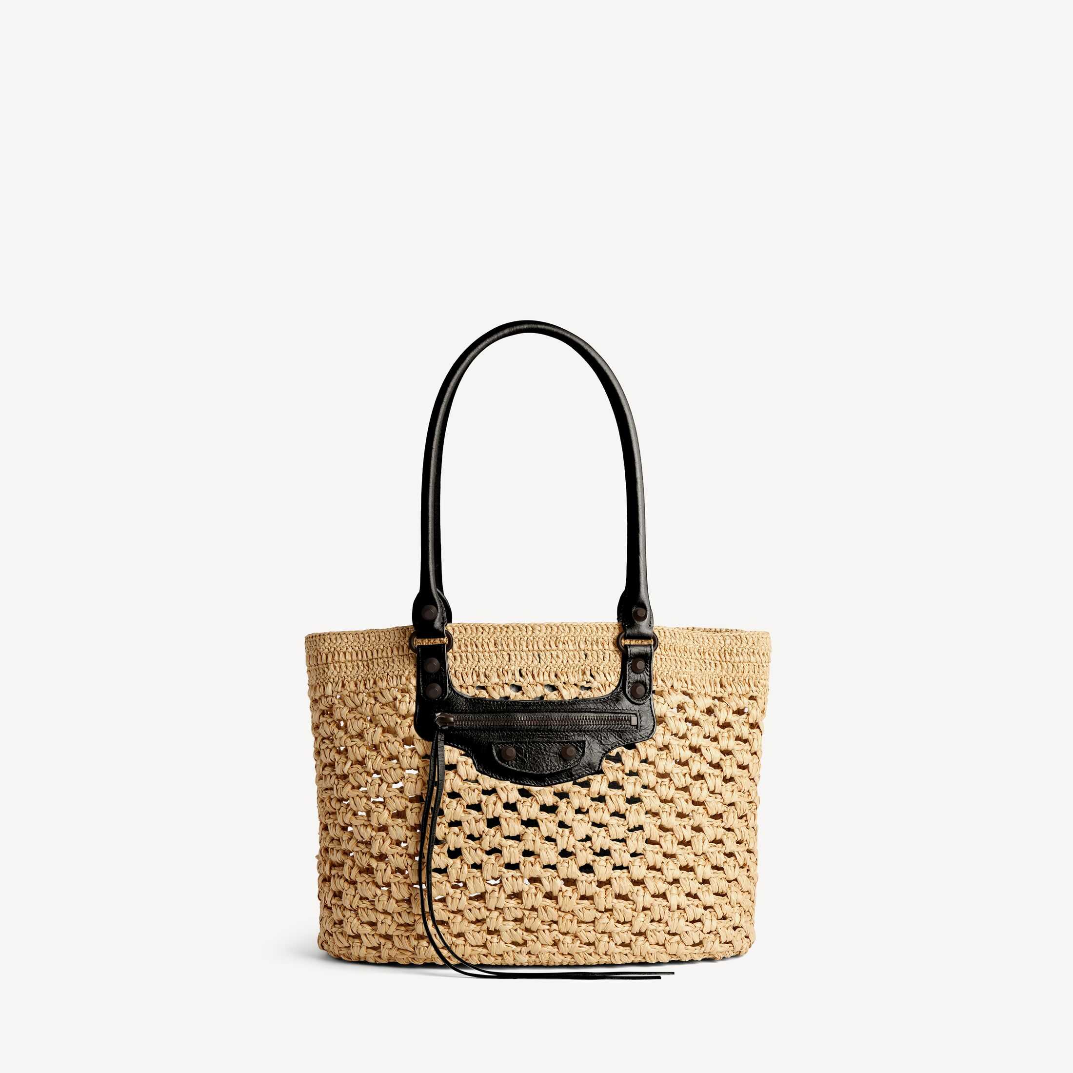 Réplique du sac à main pour femme Balenciaga de catégorie SA, modèle « Le City » : imitation parfaite du « Le City » en tissu effet paille couleur beige naturel et cuir d'agneau noir finement grainé, sac panier de taille moyenne