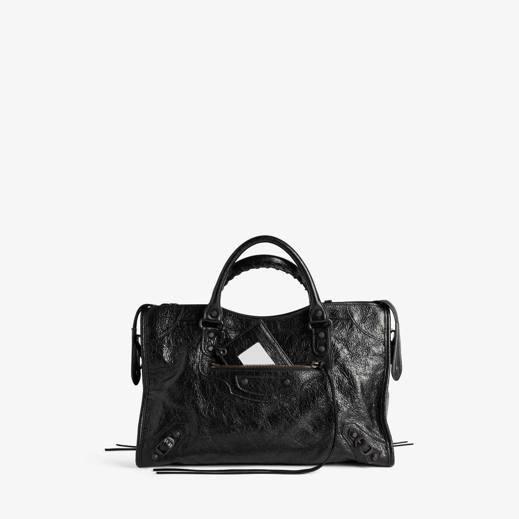 발망(Balenciaga) SA급 여성 핸드백 정품 레플리카, Le City 고품질 레플리카, 블랙 세밀한 무늬 양가죽 미디엄 사이즈 핸드백