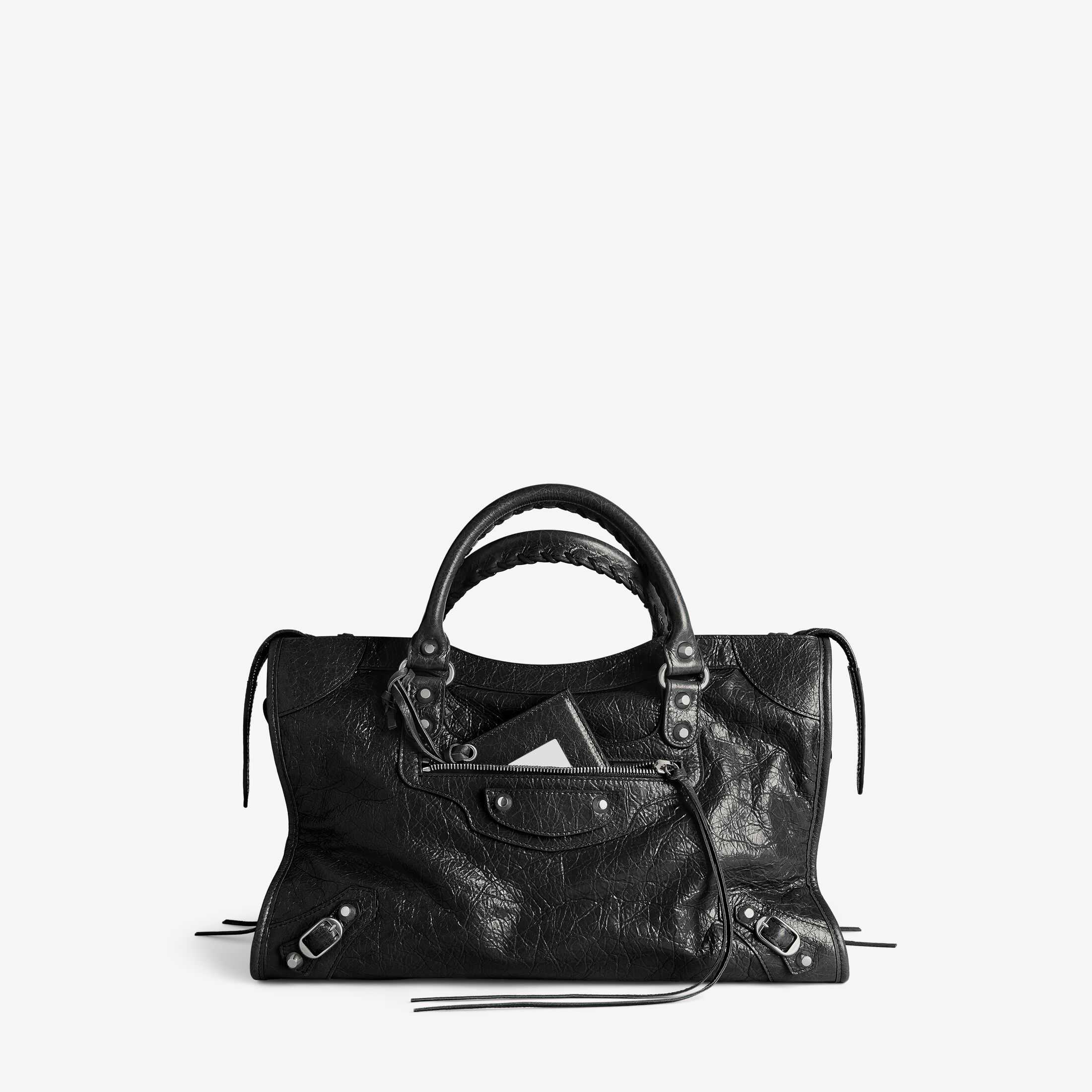 Реплика женской сумки Balenciaga класса SA, оригинальная модель Le City — высококачественная копия сумки Le City из черной кожи с мелким узором, средний размер