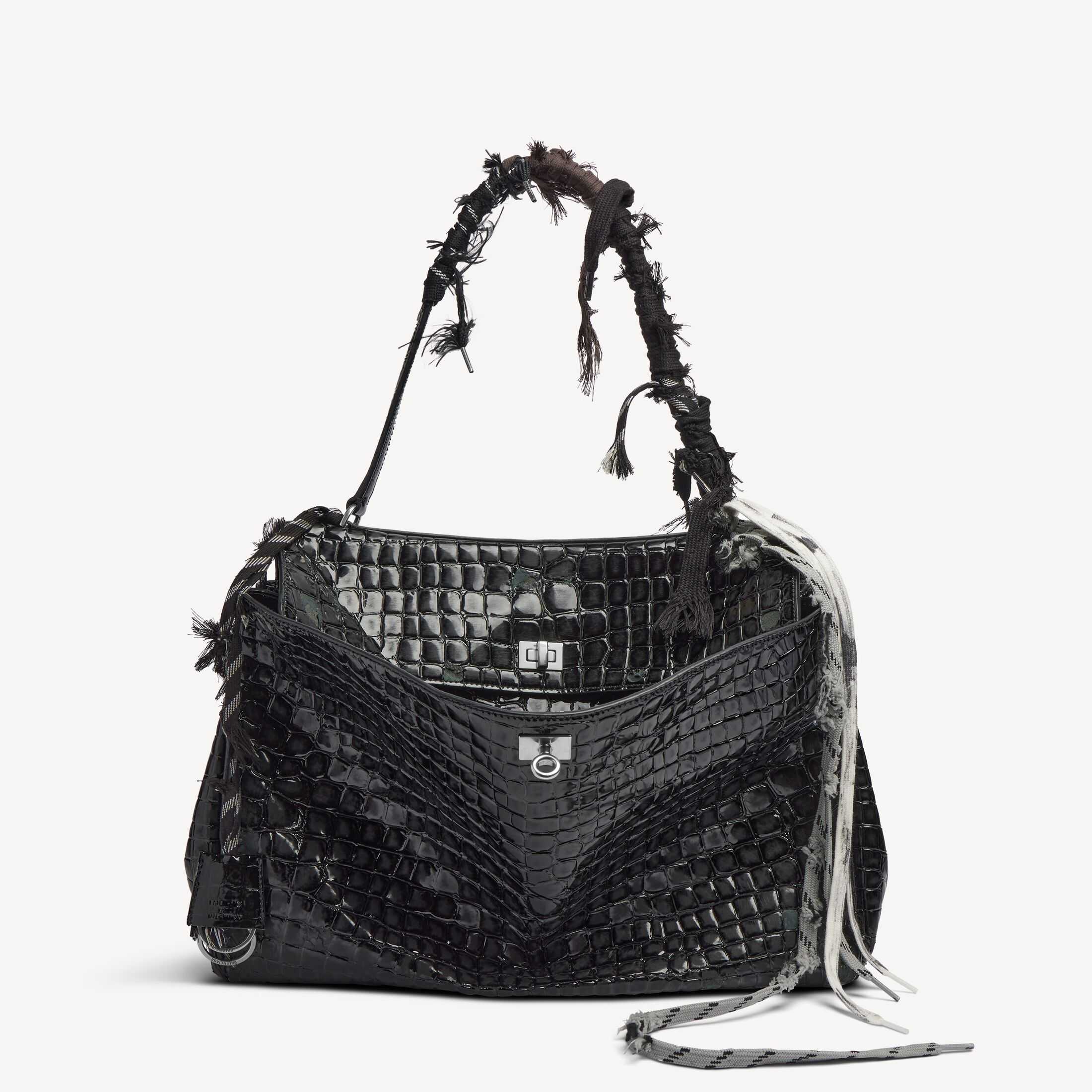 Réplica de alta gama de artículos de piel para hombre de Balenciaga, imitación de primera calidad 1:1, réplica de alta calidad RODEO: bolso grande de mano de piel de vacuno con relieve de escamas de pez, acabado brillante y efecto envejecido, en color negro