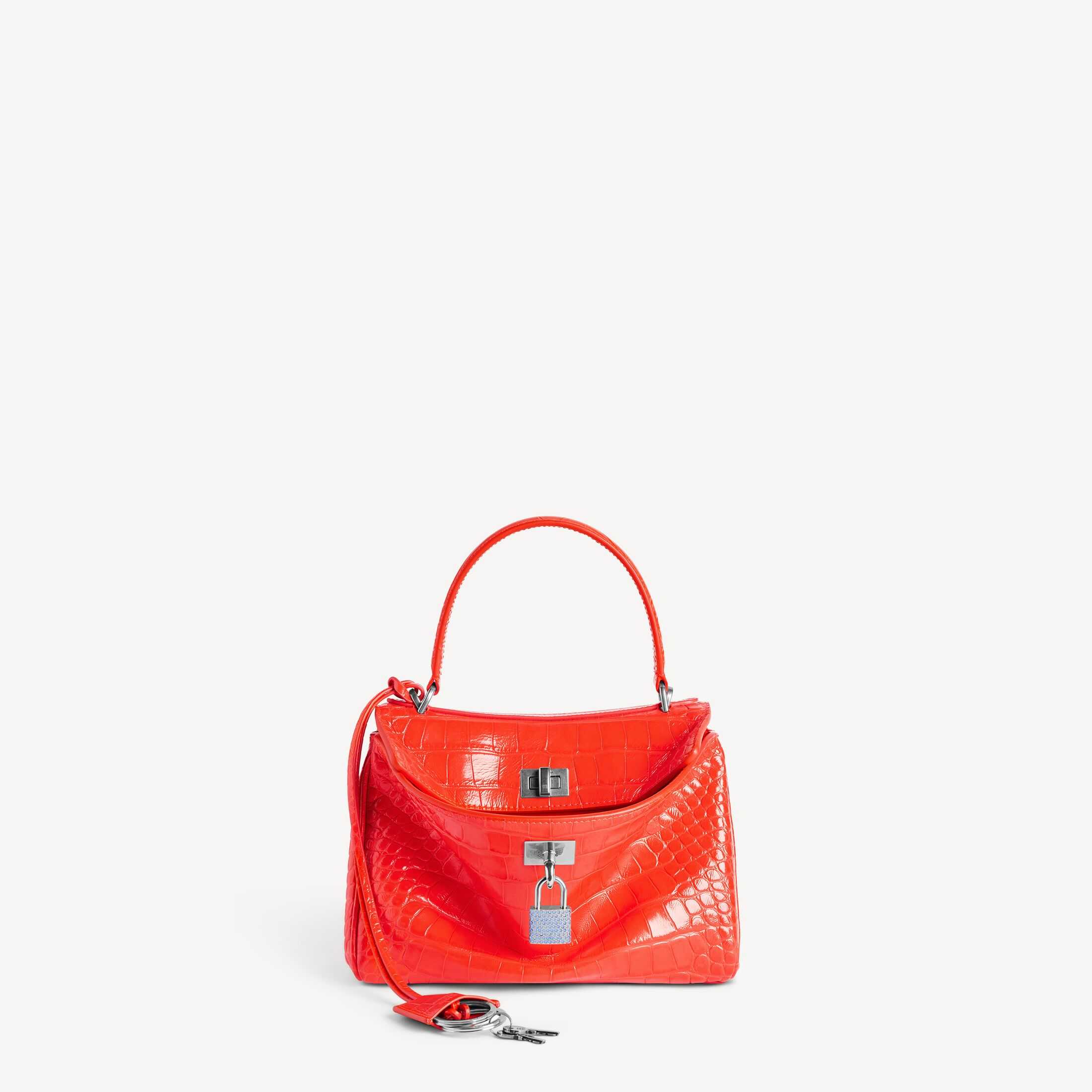 Réplica de un bolso de mano para mujer de Balenciaga de categoría SA, imitación de alta calidad de la línea original, modelo Rodeo en color naranja vibrante, de piel de vacuno con relieve de piel de cocodrilo, bolso de mano mini