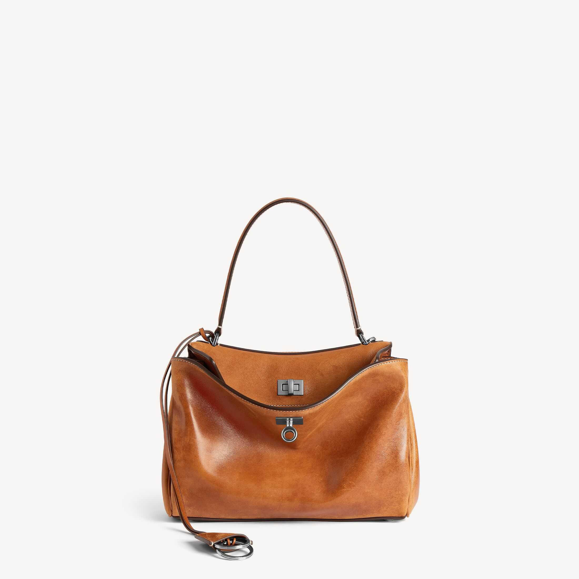 Réplica de bolso de mujer Balenciaga de categoría SA, imitación de alta calidad del modelo original, bolso de mano pequeño de piel de oveja curtida vegetal en color marrón vaquero «Rodeo»