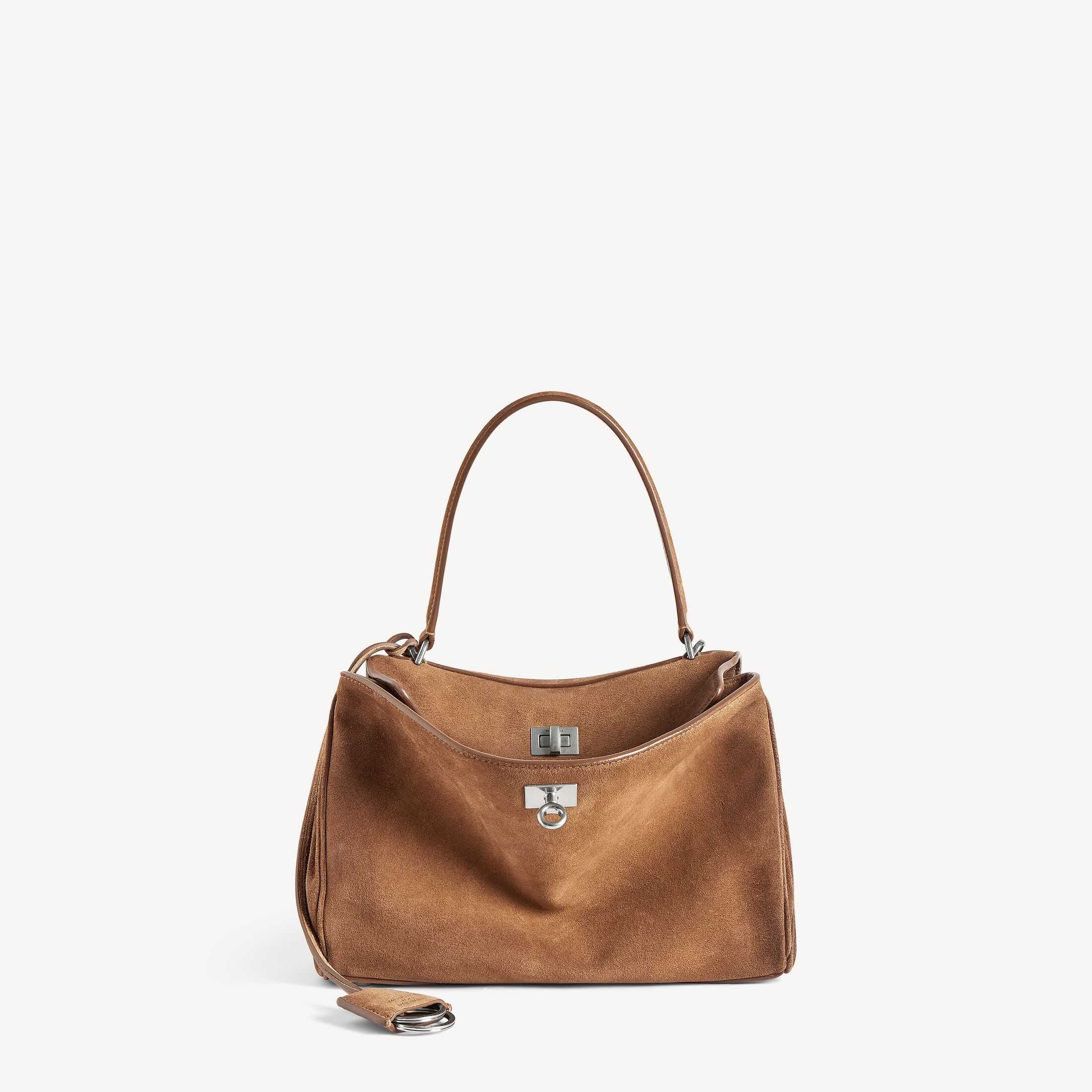 Réplica del bolso de mano para mujer de Balenciaga, modelo SA, de piel auténtica, imitación de alta calidad del modelo «Rodeo», en color camel, con acabado encerado, en piel de vacuno de ante y piel de vacuno lisa, tamaño pequeño