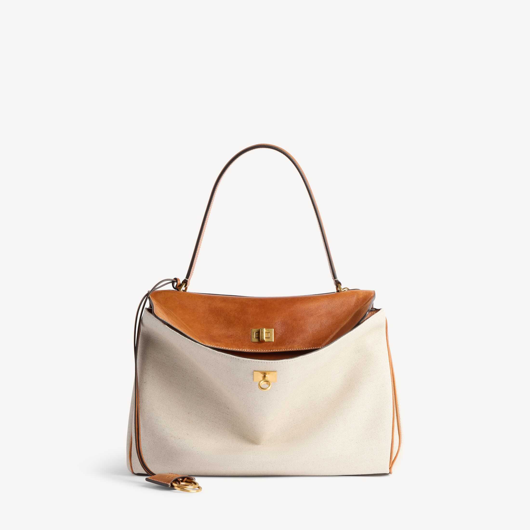 Réplica de un bolso de mano para mujer de Balenciaga, modelo SA, de piel auténtica, imitación de alta calidad: bolso de mano mediano de lona de lino color beige natural «Rodeo» y piel de oveja curtida al vegetal en tono marrón vaquero