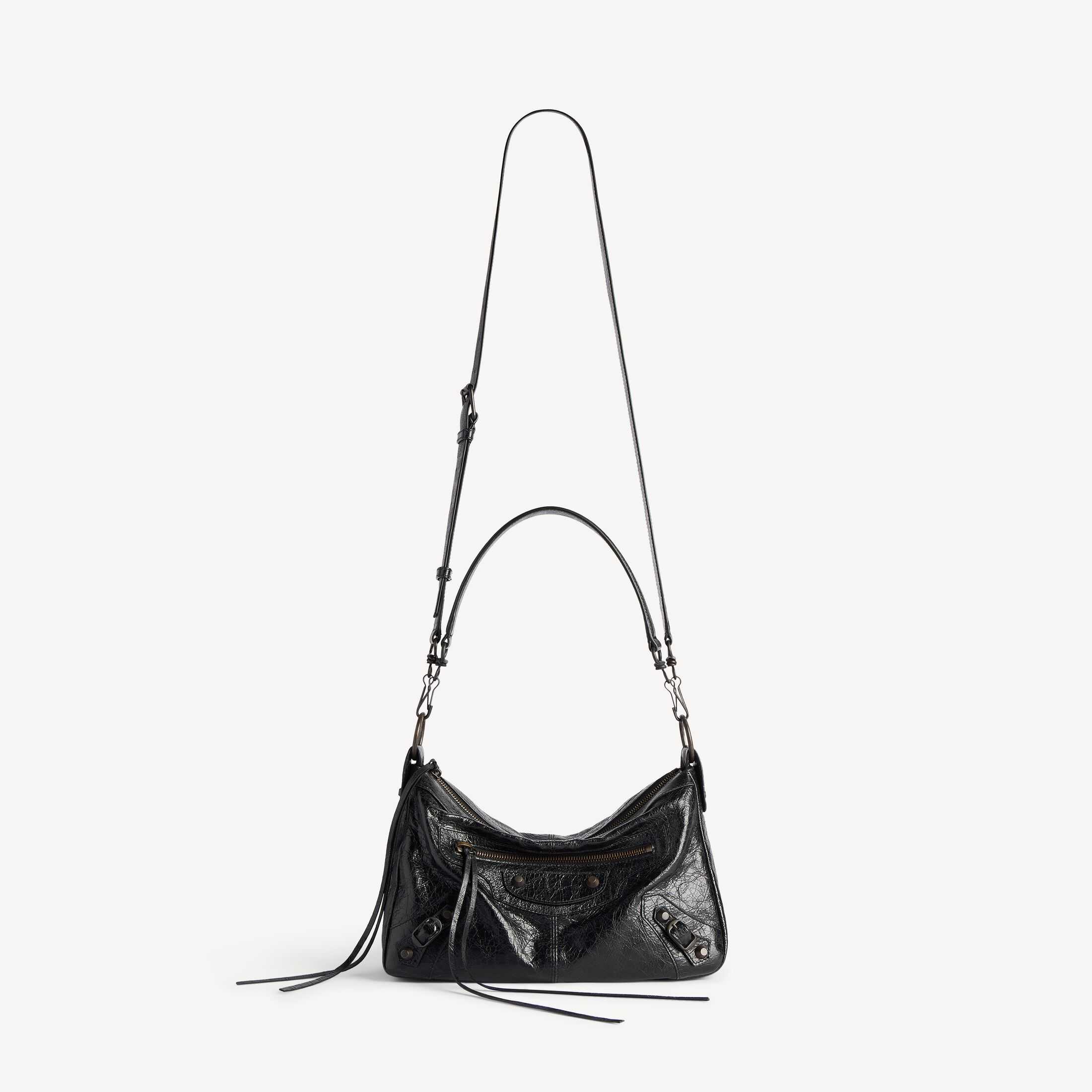 Réplique haut de gamme d'un article Balenciaga pour homme, imitation de qualité supérieure (A-grade), réplique 1:1 de l'original « Le City » : petit sac à main « Le City Moto » en cuir d'agneau bleu-gris à fines rayures, orné de finitions en laiton
