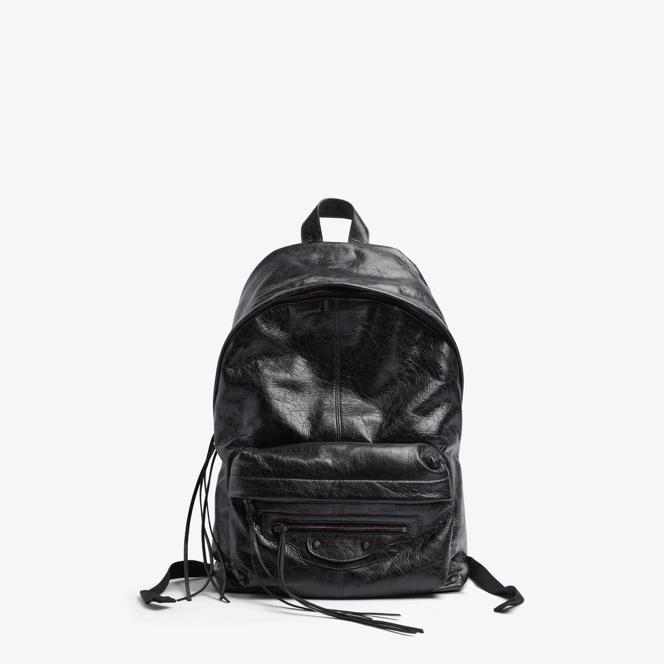 复刻高端Balenciaga高仿A货男士皮具1:1原单Le City高品质仿制品spanLe City黑色细纹羊皮革双肩包，饰以黄铜金属配件