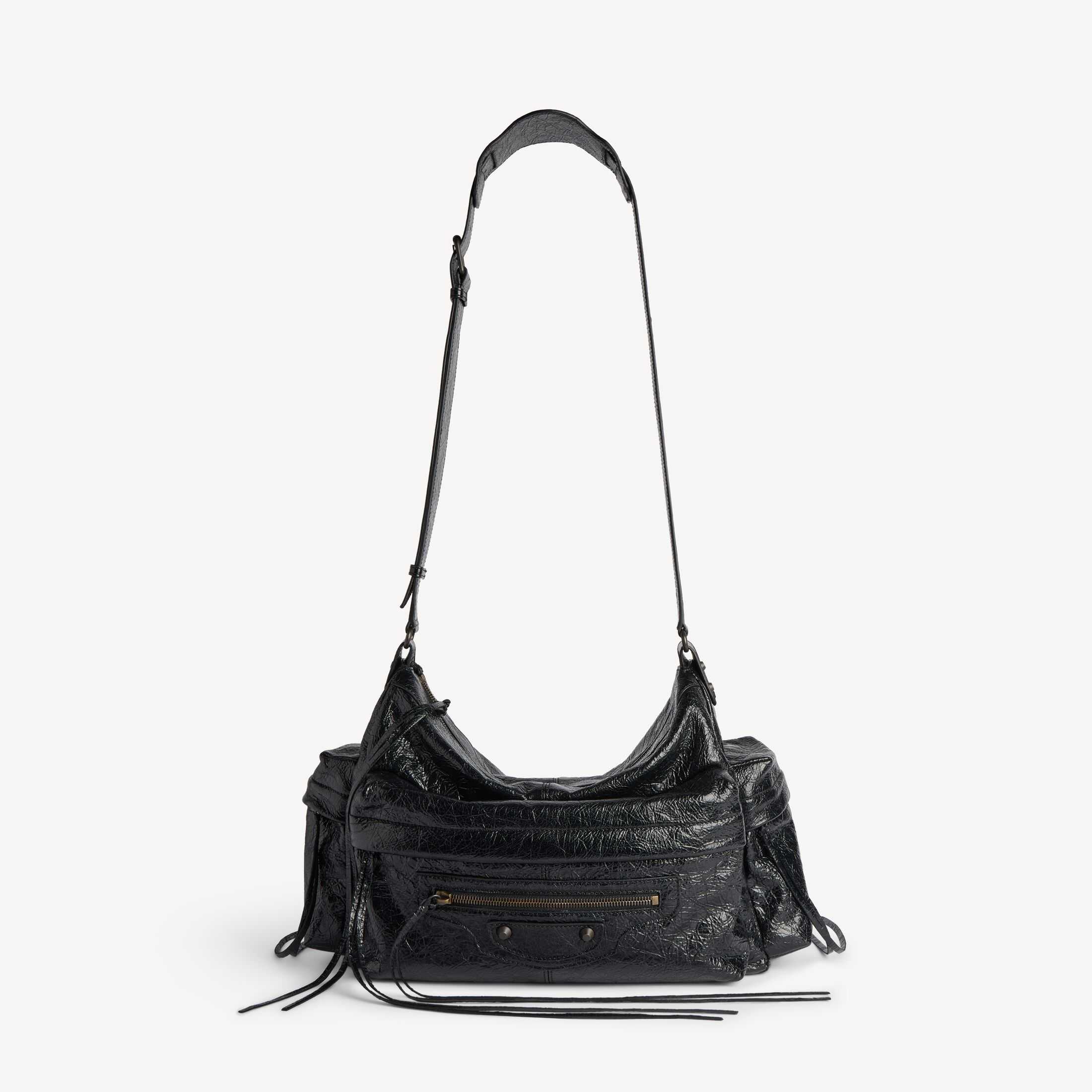 Replica High-End Balenciaga Men's Leather Goods: 1:1 Authentic-Style Le City High-Quality Replica—Le City Black Fine-Grained Lambskin Multi-Pocket Medium Crossbody Bag, Accented with Brass Hardware