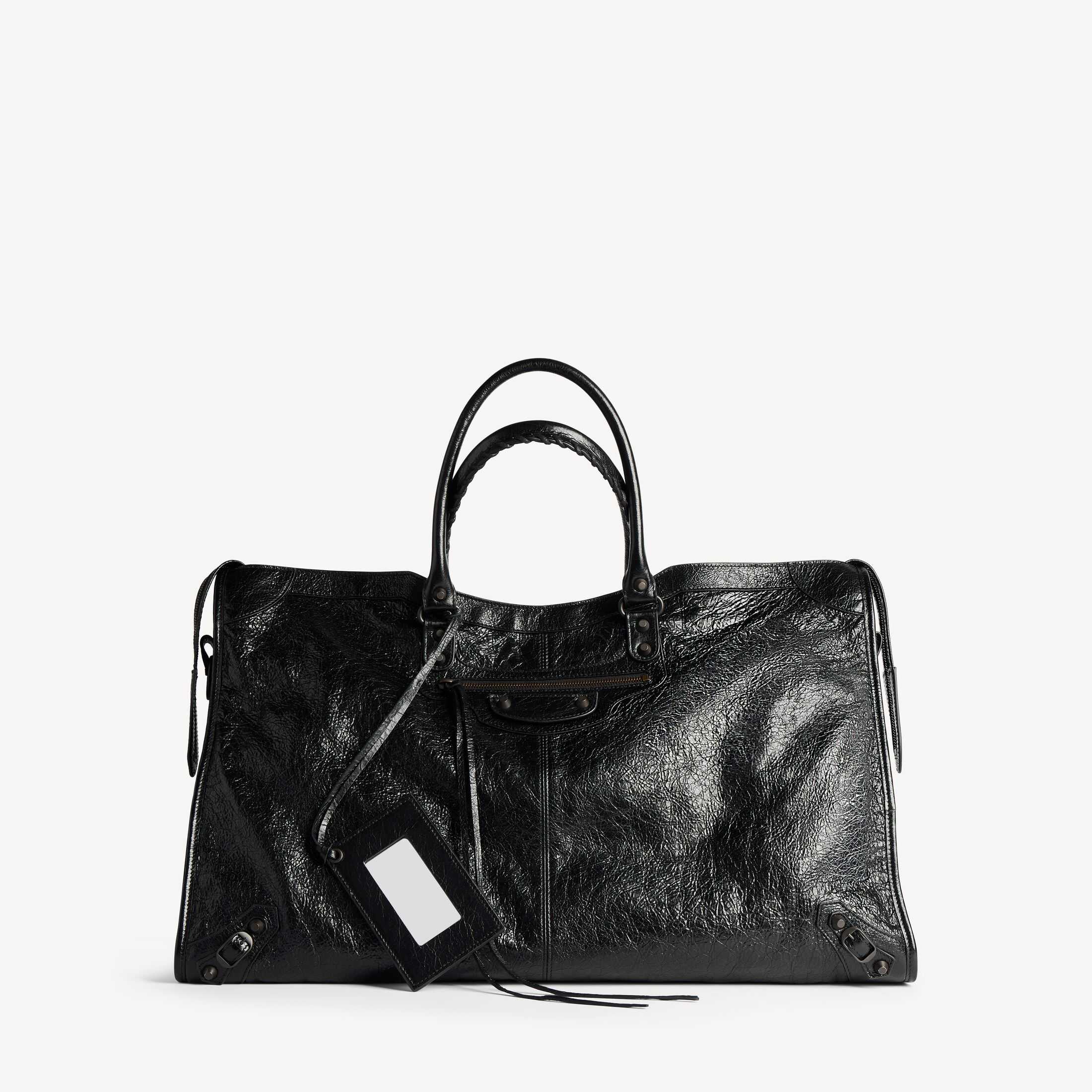 复刻高端Balenciaga高仿A货男士皮具 1:1原单Le City高品质仿制品spanLe City黑色细纹羊皮革旅行包，饰以黄铜金属配件