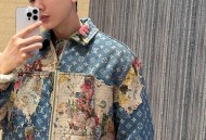 LV花卉玫瑰碎花贴布牛仔棉服外套